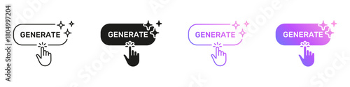 AI Generate Button With Hand Click Icons Showing Interactive Action. Artificial Intelligence Content Creation Symbol Collection. Isolated Vector Illustration