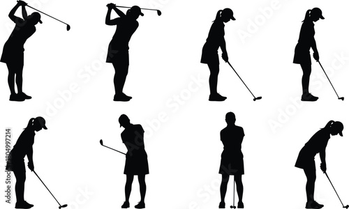 Female golf player silhouettes in various swing positions, woman golfer practicing swing technique, professional sports training, black silhouette vector illustration