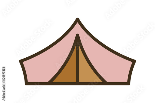 A simple cartoon illustration of a pink camping tent with brown accents and a white background.