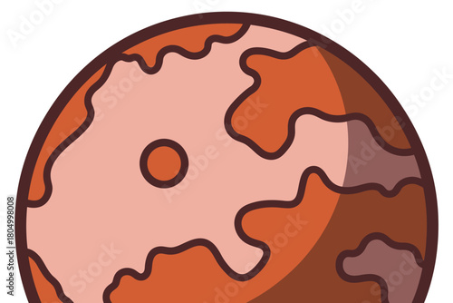 A stylized illustration of a planet with swirling orange and pink surface patterns and a small central circle, representing an abstract celestial body.