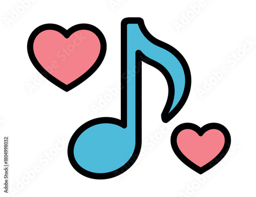 A blue musical note is surrounded by two pink hearts, symbolizing the love of music.