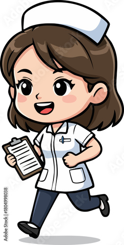 Cartoon Nurse Running with Clipboard, Happy Healthcare Worker