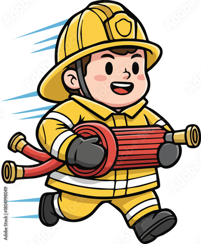 Cute Firefighter Boy in Uniform Running with Hose Ready for Action