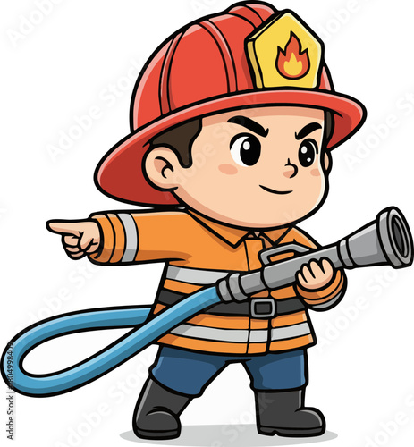 Cartoon Firefighter Pointing with Hose Cute Vector Illustration