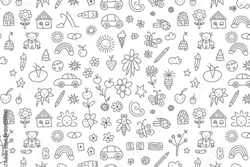A delightful collection of hand-drawn doodles featuring whimsical children's motifs like flowers, rainbows, cars, and teddy bears creates a playful and charming background pattern.
