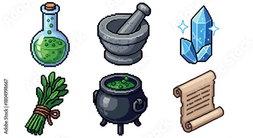 Pixel art set of fantasy magic and alchemy items for a retro video game, including a bubbling potion, cauldron, sparkling crystal, herbs, mortar and pestle, and an ancient spell scroll