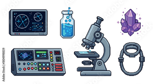 Collection of retro pixel art icons featuring science and fantasy elements, including a microscope, control panel, crystal, potion, and star chart, isolated