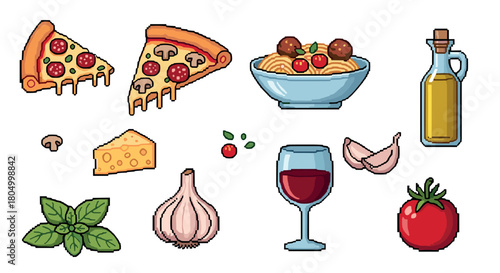 Charming collection of classic food and ingredients like pizza, pasta, and wine, rendered in a nostalgic retro 8-bit pixel art style and isolated