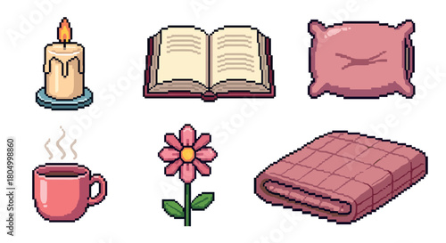 Charming pixel art collection of cozy and relaxing items including a candle, book, pillow, mug, flower, and blanket, isolated for a retro game aesthetic