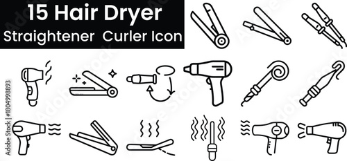 Collection of 15 hand drawn icons for hair styling tools