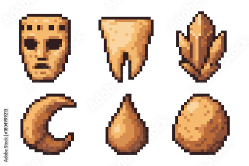 Set of six fantasy RPG inventory icons in a classic 8-bit pixel art design, showing a tribal mask, a fang, a magic crystal, a horn, and other ancient relics