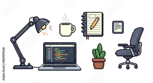 Set of pixel art icons for a programmer's workspace, including a laptop with code, a desk lamp, an office chair, a coffee mug, and a notebook, isolated