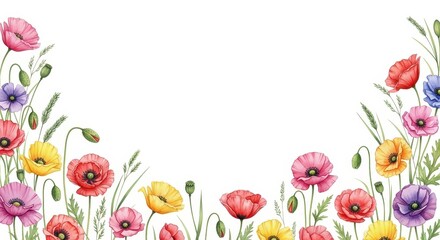 Watercolor floral border with colorful poppies