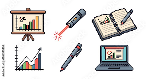 Collection of business presentation and data analysis icons in a retro pixel art style, including a laptop, charts, notebook, and laser pointer, isolated