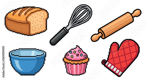 Collection of pixel art baking and cooking icons, including a loaf of bread, cupcake, rolling pin, whisk, mixing bowl, and oven mitt, isolated