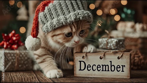 Curious kitten in a christmas holiday scene with presents exploring a festive december, cat and new year