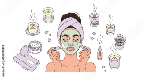 A woman applies a soothing facial mask while surrounded by calming spa elements like candles and skincare products for ultimate relaxation