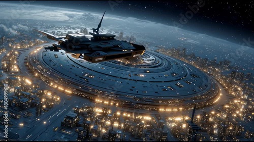 Spaceship approaches futuristic massive space station orbiting vibrant citylit planet