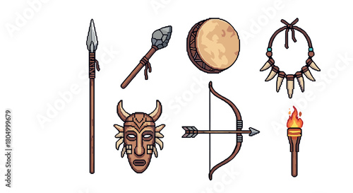 Collection of pixel art assets for a fantasy RPG, featuring ancient tribal weapons and ritual items like a spear, mask, bow, and drum, isolated