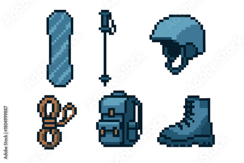 Set of pixel art icons featuring winter sports and mountain climbing equipment like a snowboard, helmet, and backpack, isolated