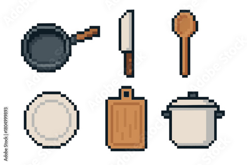 Collection of kitchen utensils and cookware including a pan, knife, spoon, and pot, designed in a retro 8-bit pixel art style as a video game asset pack isolated on white