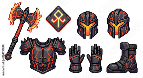 Complete set of fantasy warrior armor with a molten lava theme, including a battle axe, helmet, and rune, rendered in a detailed pixel art style for video games