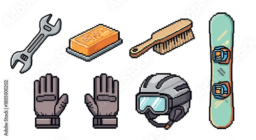 Pixel art collection of snowboarding equipment and maintenance tools, including a snowboard, helmet, gloves, wax, brush, and wrench, isolated