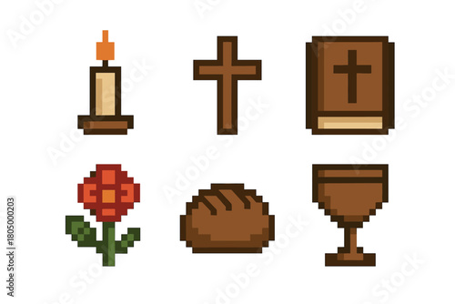Set of religious Christian symbols including a cross, holy book, candle, and communion elements designed in a retro 8-bit pixel art style, isolated