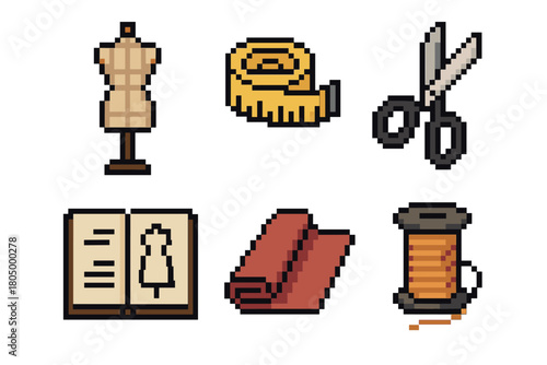 Collection of pixel art icons for sewing and tailoring, including a mannequin, scissors, thread, and measuring tape, isolated for a retro gaming aesthetic