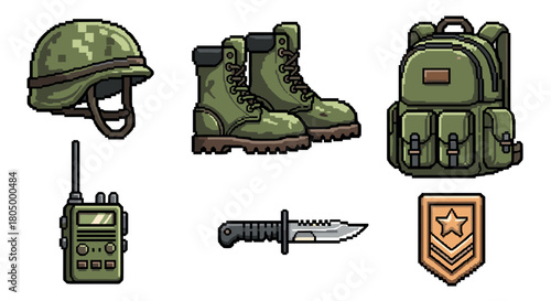 Collection of military equipment icons in a retro pixel art style, featuring a helmet, combat boots, backpack, radio, knife, and rank insignia, isolated