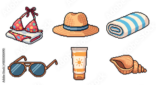 Collection of pixel art beach vacation essentials, including a bikini, sun hat, towel, sunglasses, sunscreen, and seashell, isolated for a retro gaming feel