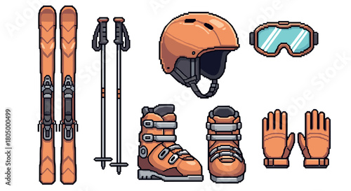 Complete set of orange ski equipment including skis, poles, helmet, goggles, boots, and gloves in a retro pixel art style, isolated