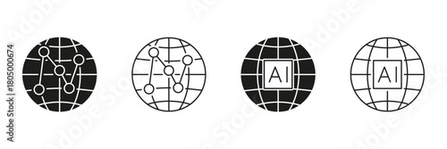 Artificial Intelligence Global Connectivity Line and Solid Icon Set. Digital Networks, Machine Learning and Worldwide Data Symbol Collection. Isolated Vector Illustration