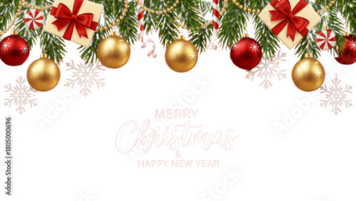 Christmas Garland with Ornaments and Snowflakes on white Background – Merry Christmas Greeting Card