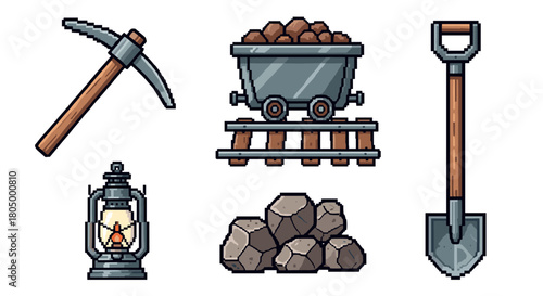 Collection of pixel art mining equipment icons, including a pickaxe, shovel, lantern, and a minecart full of ore, isolated for a retro video game design