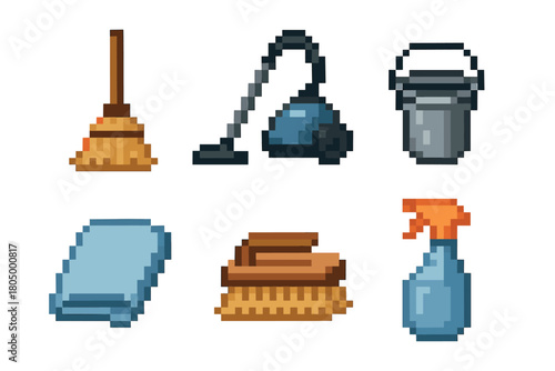 Collection of pixel art icons featuring various cleaning tools like a broom, vacuum cleaner, bucket, brush, cloth, and spray bottle, isolated