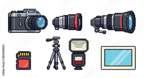 Collection of professional photography equipment including a camera, lenses, tripod, flash, and memory card, all rendered in a charming retro pixel art style