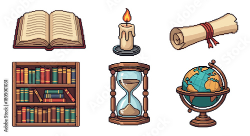Set of vintage academic and adventure items in a retro pixel art style, featuring a book, candle, scroll, library, hourglass, and globe for historical or fantasy themes