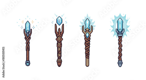 Collection of four magical wooden staffs with glowing blue crystals and ancient runes, designed as fantasy game assets or icons in a clean, isolated cartoon illustration style