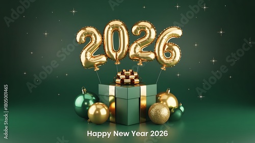 Festive happy new year 2026 background with golden balloon and gift box decoration