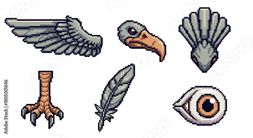 Set of 8-bit style pixel art game assets featuring various bird body parts like a wing, head, talon, feather, and eye, isolated