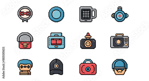 Diverse set of colorful pixel art icons for a retro video game, featuring sci-fi characters, futuristic gadgets, and various technological items isolated
