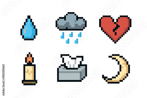 Collection of pixel art icons representing sadness and melancholy, including a teardrop, rain cloud, broken heart, candle, tissues, and moon, in a retro 8-bit video game style