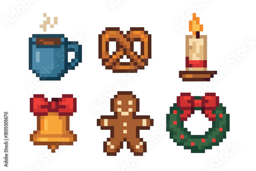 Retro 8-bit pixel art set of cozy winter holiday icons featuring a gingerbread man, festive wreath, bell, candle, pretzel, and a hot drink, isolated