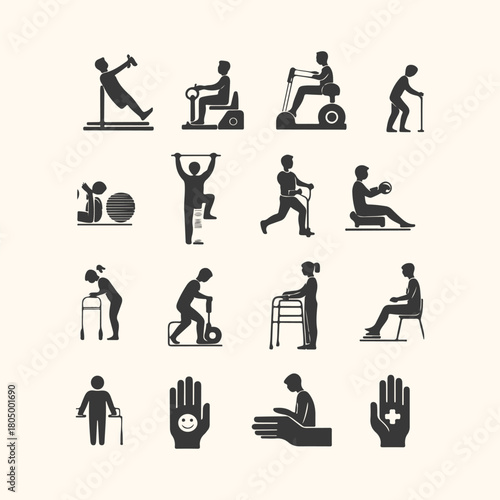 Black vector set of business management icons and people pictograms depicting figures, workers, and family silhouettes