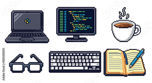 Collection of pixel art icons representing a programmer's workspace essentials, including a laptop, monitor with code, coffee, glasses, keyboard, and notebook, isolated on white