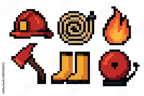 Pixelated graphic set of firefighting equipment and symbols, including a helmet, hose, fire, axe, boots, and bell, designed in a classic 8-bit video game art style