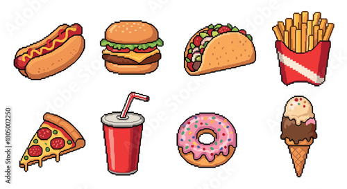 Collection of colorful pixel art fast food icons including a hamburger, pizza, hot dog, taco, and donut, isolated for a retro video game aesthetic