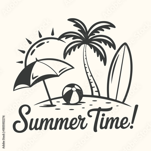 Tropical summer beach vacation icon design with sun, sea, palm tree, and sand silhouette illustration