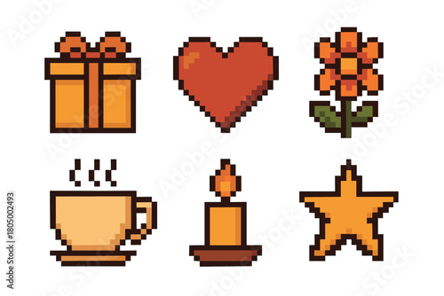 Charming collection of retro 8-bit style pixel art icons featuring a gift, heart, flower, steaming cup, candle, and star, representing love, celebration, and comfort